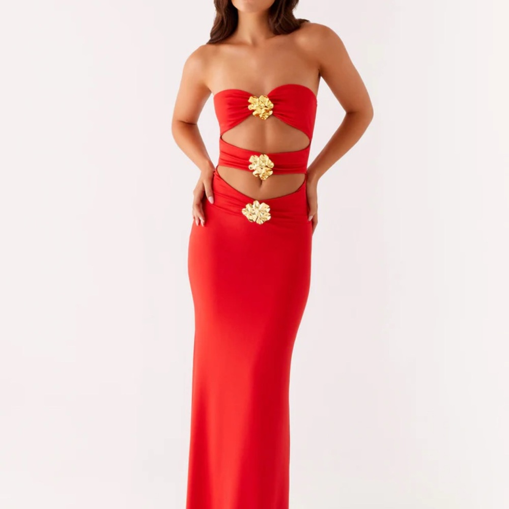 Peppermayo Red Strapless Bodycon Dress with Cut Out Tie Front
